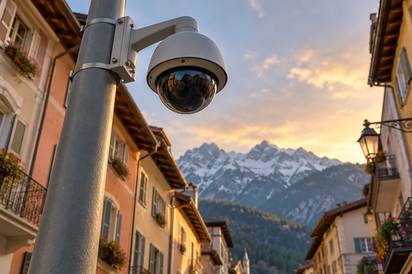 Caméra de vidéoprotection municipale fixée sur un mât au-dessus d'une rue piétonne