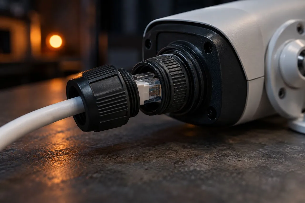 Câble réseau PoE branché à l'arrière d'une caméra IP