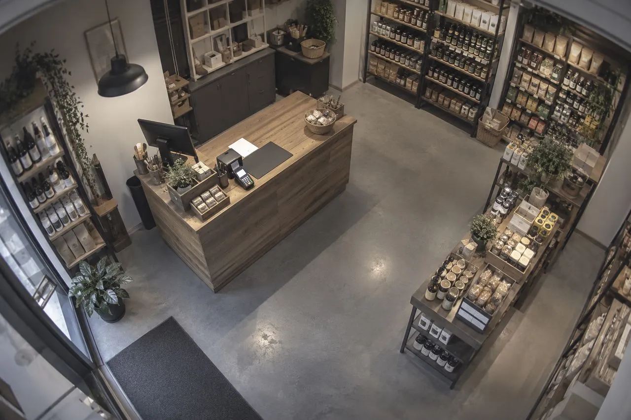 Comptoir et caisse d'une boutique vus par une caméra fixée au plafond