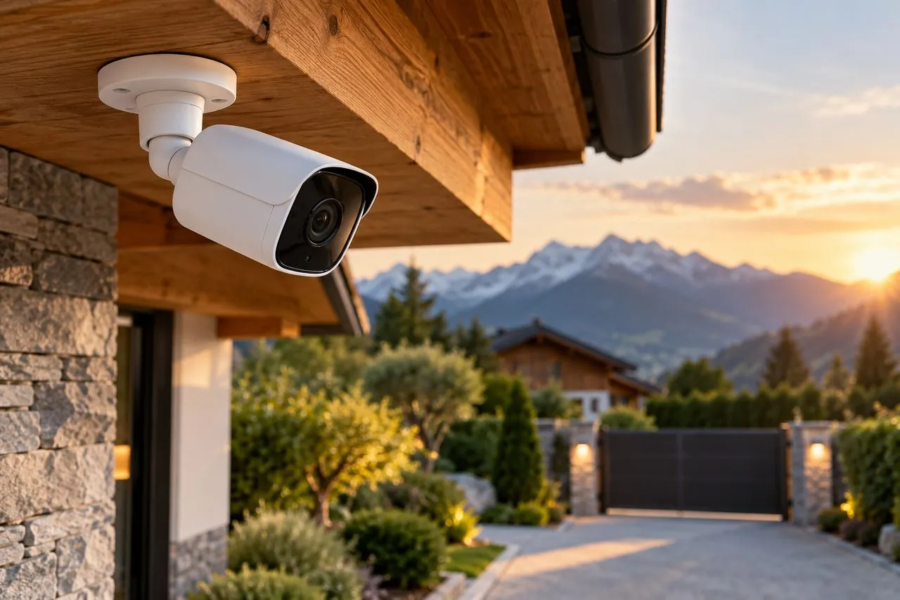 Caméra de surveillance extérieure fixée sous l'avant-toit d'une maison près d'Annecy