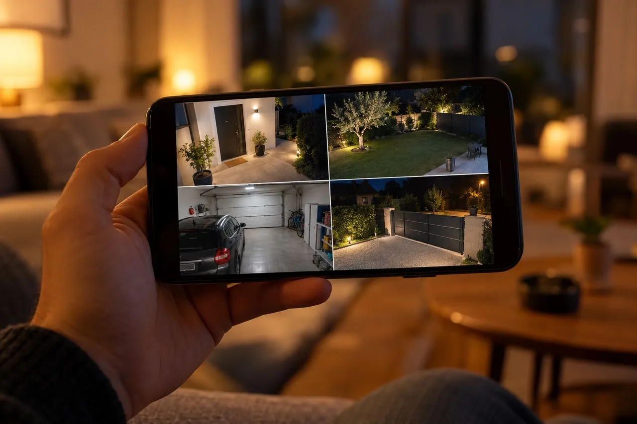 Application de surveillance affichant quatre caméras en direct sur un smartphone