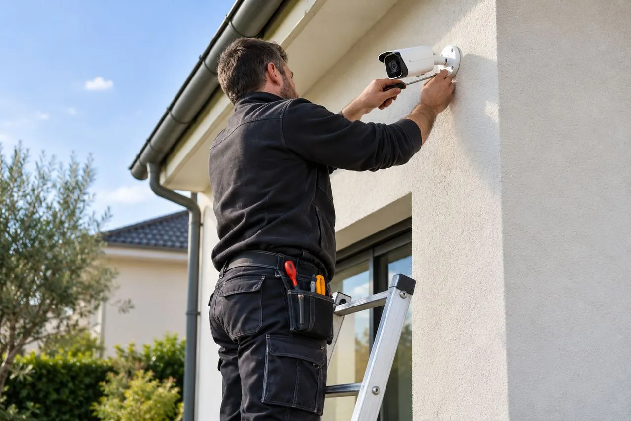 Installateur fixant une caméra de surveillance sur la façade d'une maison