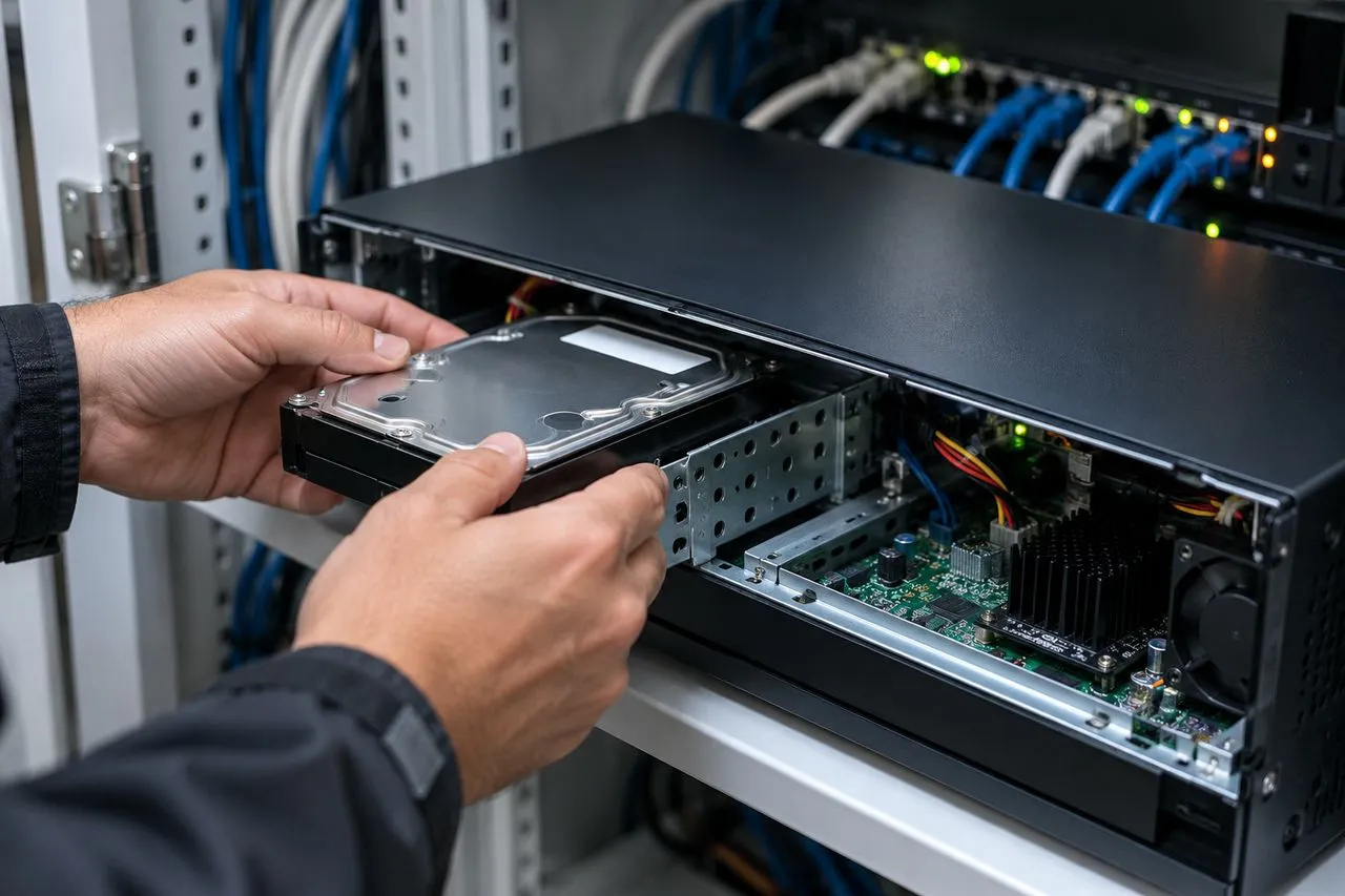 Technicien vérifiant le disque dur d'un enregistreur vidéo