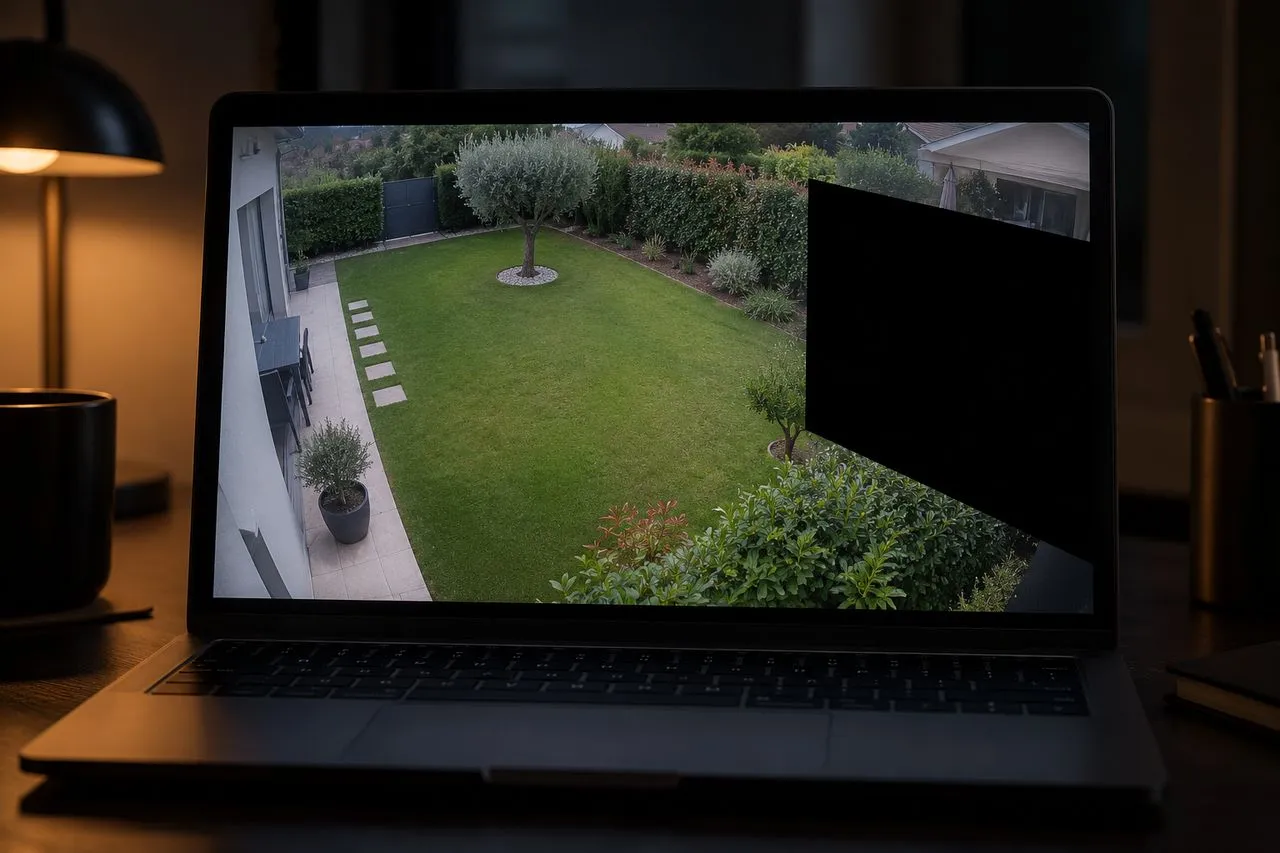 Masque de confidentialité noircissant le jardin voisin dans l'image d'une caméra