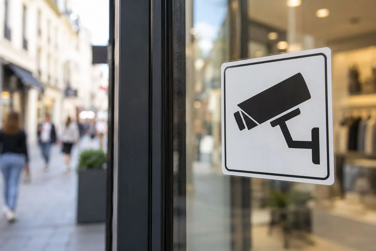 Panneau d'information sur la présence de caméras à l'entrée d'une boutique