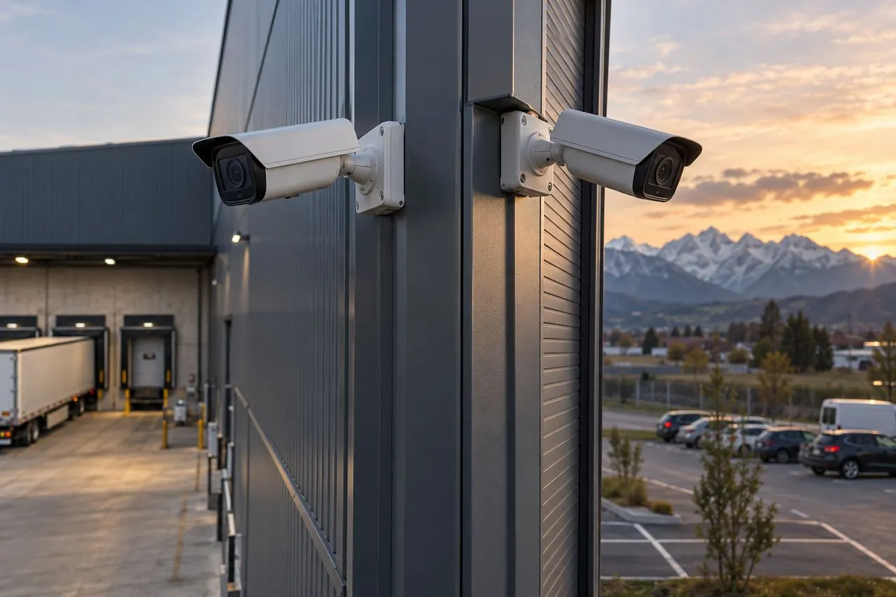 Caméras de sécurité installées sur la façade d'un entrepôt en Haute-Savoie