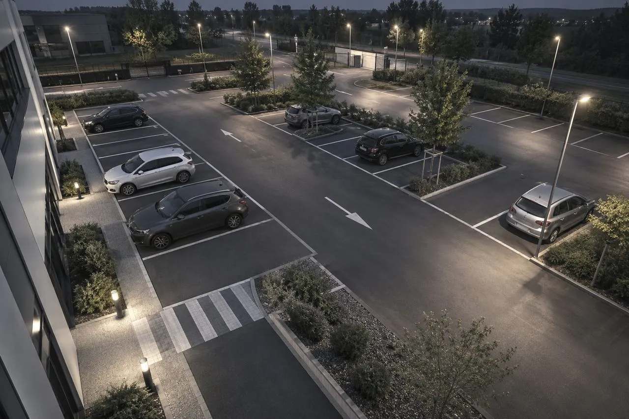 Parking d'un bâtiment d'entreprise vu par une caméra en hauteur